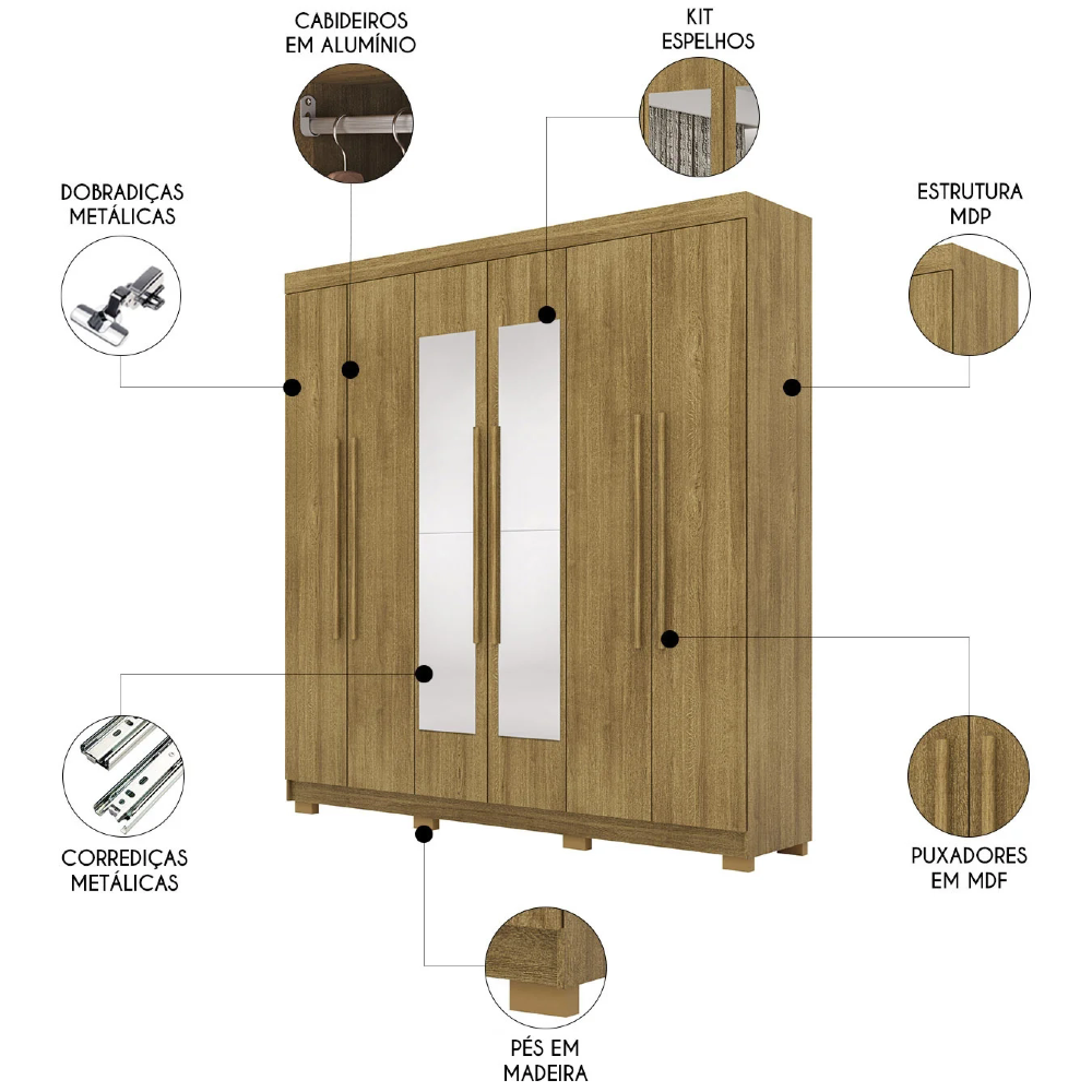 Guarda Roupa Casal 218cm Com Espelho Elegance Nature - Vila Rica