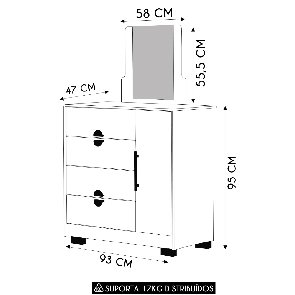 Cômoda Para Quarto 93cm Com Espelho Ilha Bela Flex Branco - Vila Rica