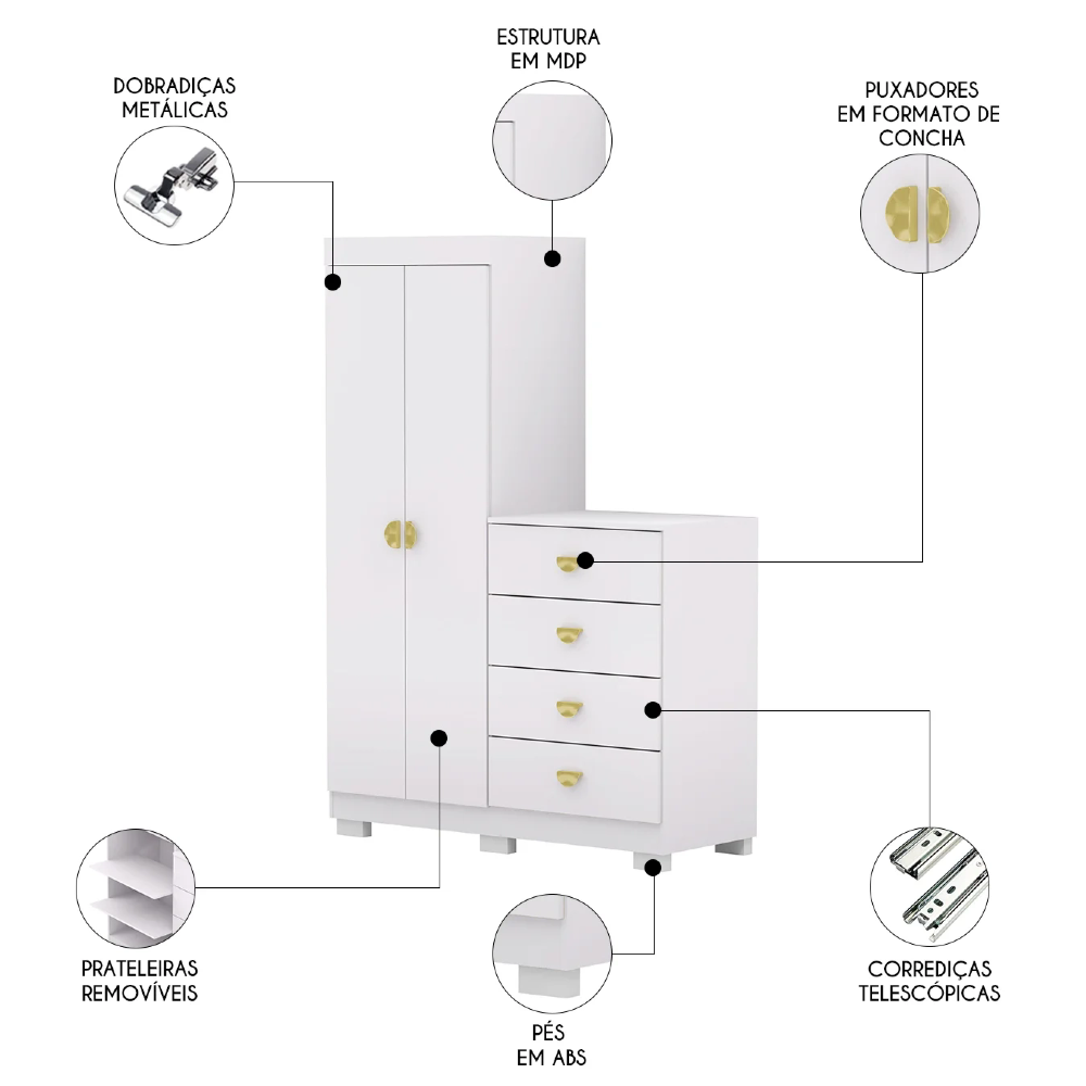 Guarda Roupa Cômoda 4 Gavetas 120cm Cristal Flex Branco - Vila Rica