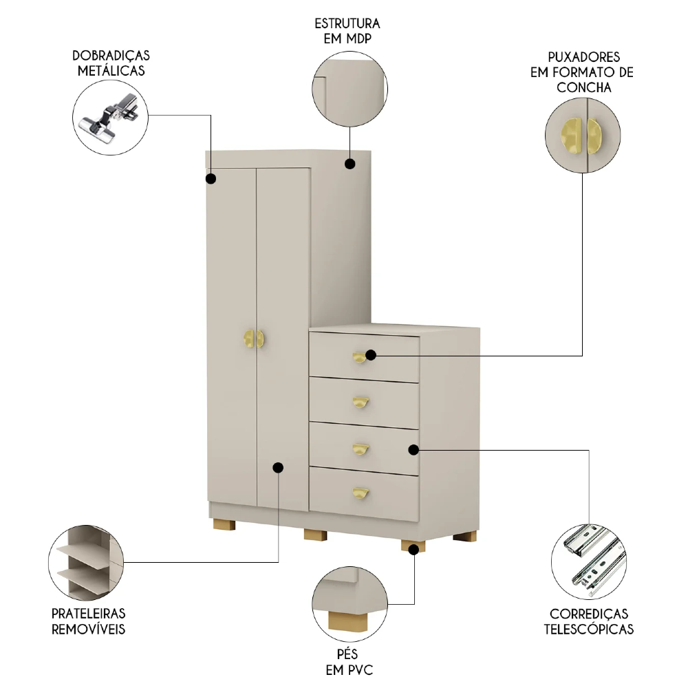 Guarda Roupa Cômoda 4 Gavetas 120cm Cristal Fendi - Vila Rica