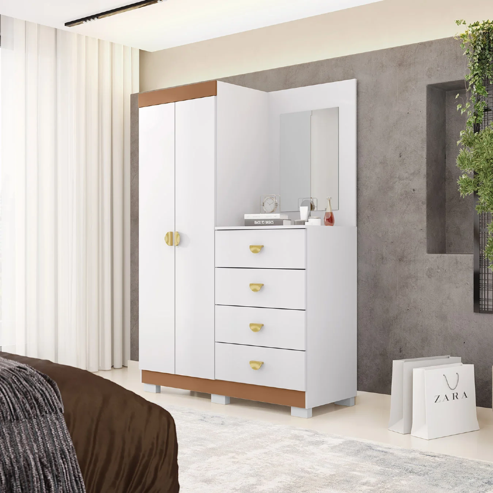 Guarda Roupa Cômoda Com Espelho 120cm Cristal Flex Branco - Vila Rica