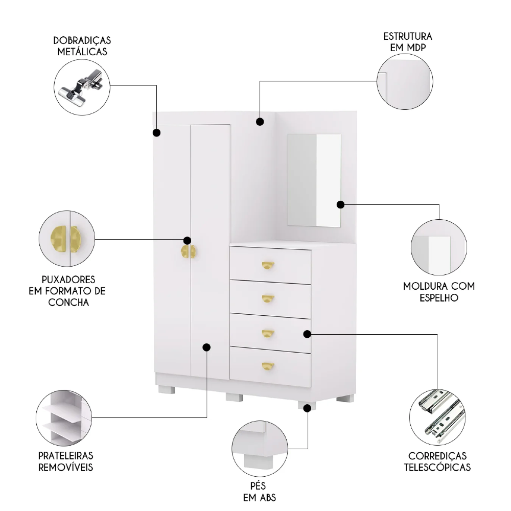 Guarda Roupa Cômoda Com Espelho 120cm Cristal Flex Branco - Vila Rica