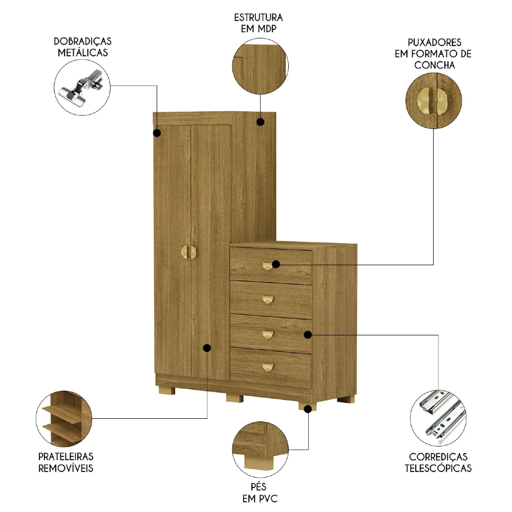 Guarda Roupa Cômoda 4 Gavetas 120cm Cristal Nature - Vila Rica