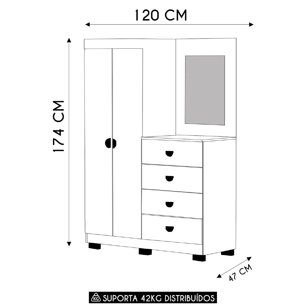Guarda Roupa Cômoda Com Espelho 120cm Cristal Nature - Vila Rica