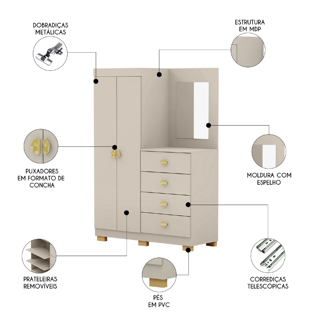 Guarda Roupa Cômoda Com Espelho 120cm Cristal Fendi - Vila Rica