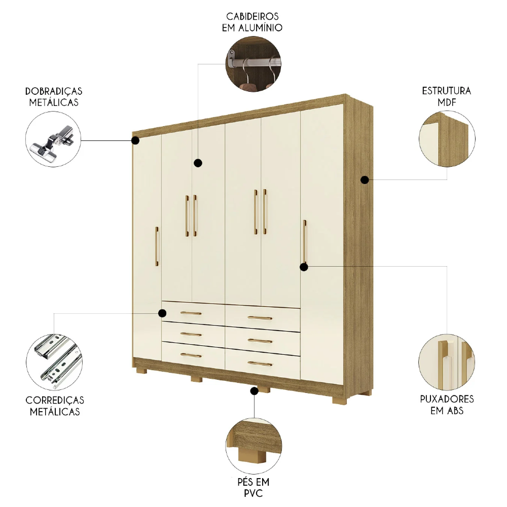 Guarda Roupa Casal 223cm 6 Portas Canadá Nature/Champanhe - Vila Rica