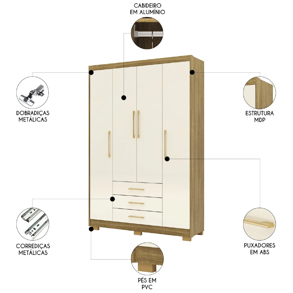 Guarda Roupa Solteiro 150cm 4 Portas Espanha Nature/Champanhe - Vila Rica