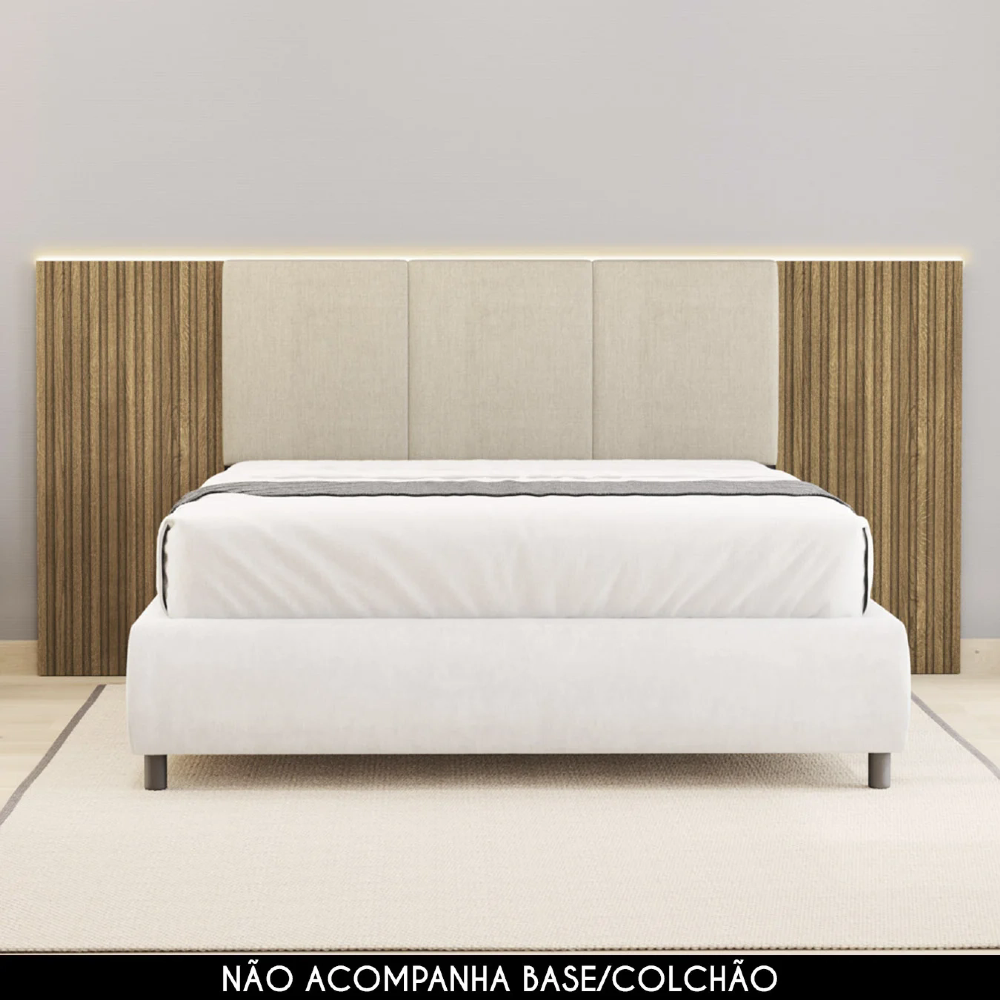 Cabeceira Casal Queen 268cm Com LED Cleo Linho Bege V02 - Mpozenato