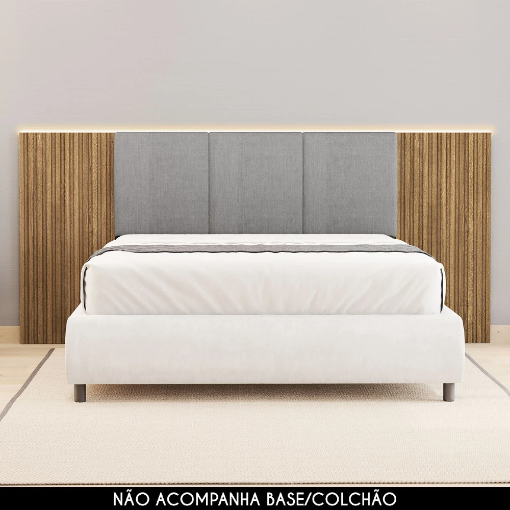 Cabeceira Casal Queen 268cm Com LED Cleo Linho Cinza V02 - Mpozenato