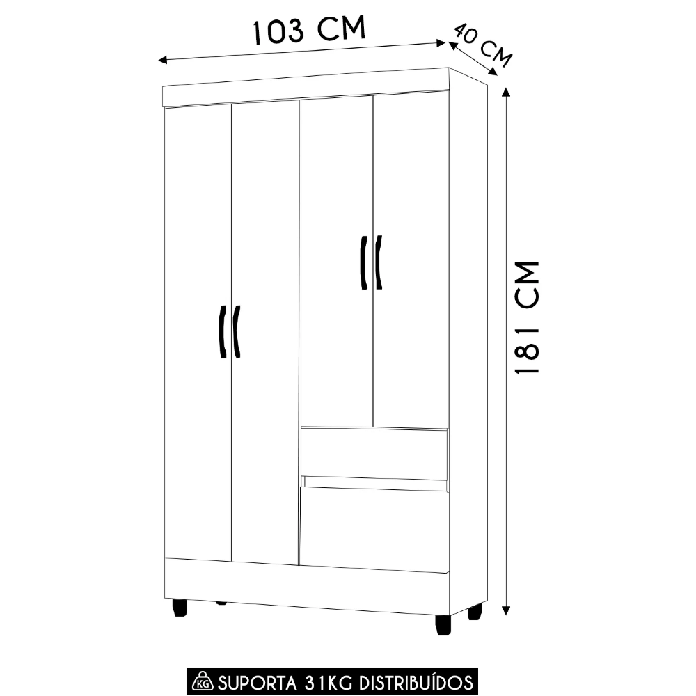 Guarda Roupa Solteiro 103cm 4 Portas Mayra Flex Branco V02 - Mpozenato