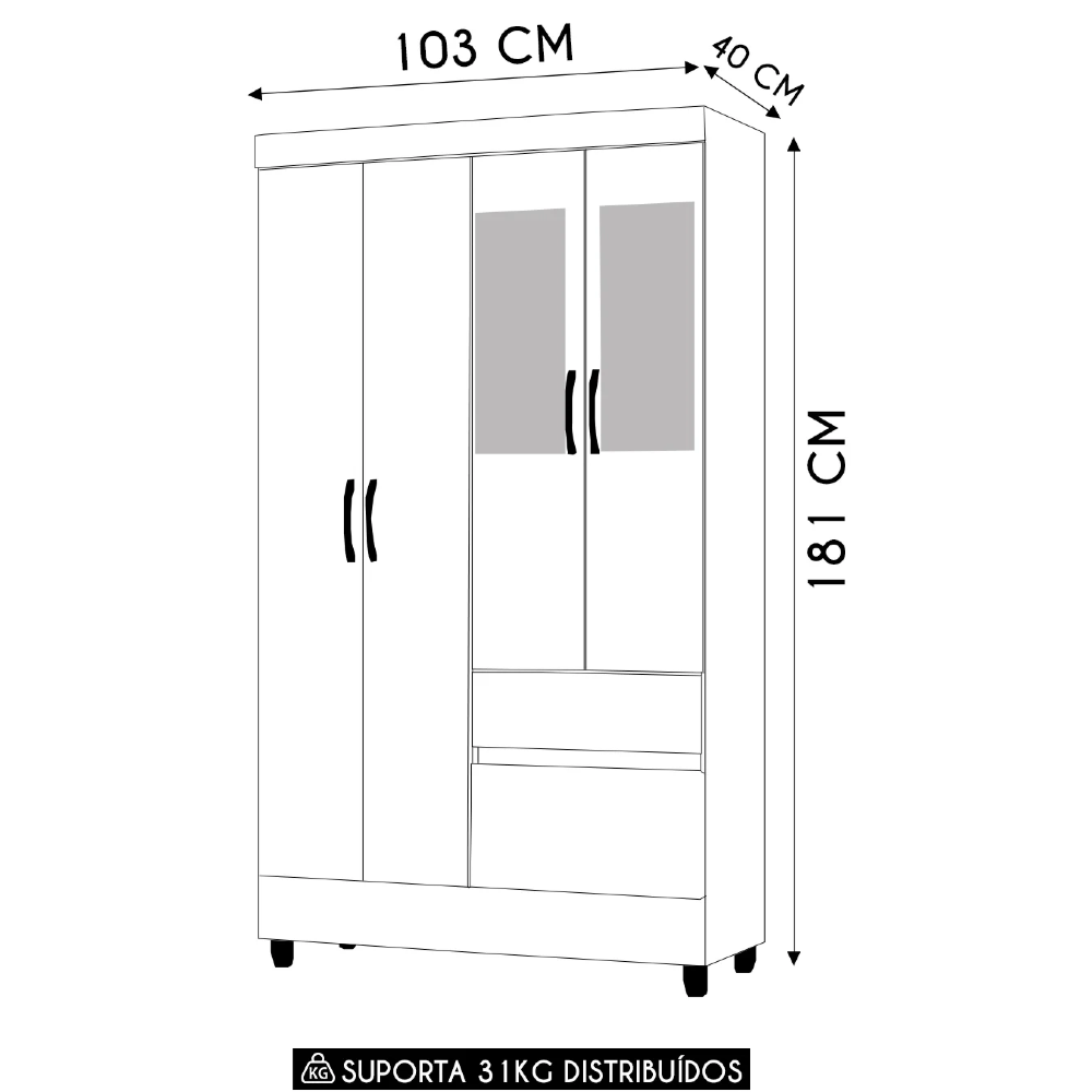 Guarda Roupa Solteiro 103cm Com Espelho Mayra Flex Branco V02 - Mpozenato