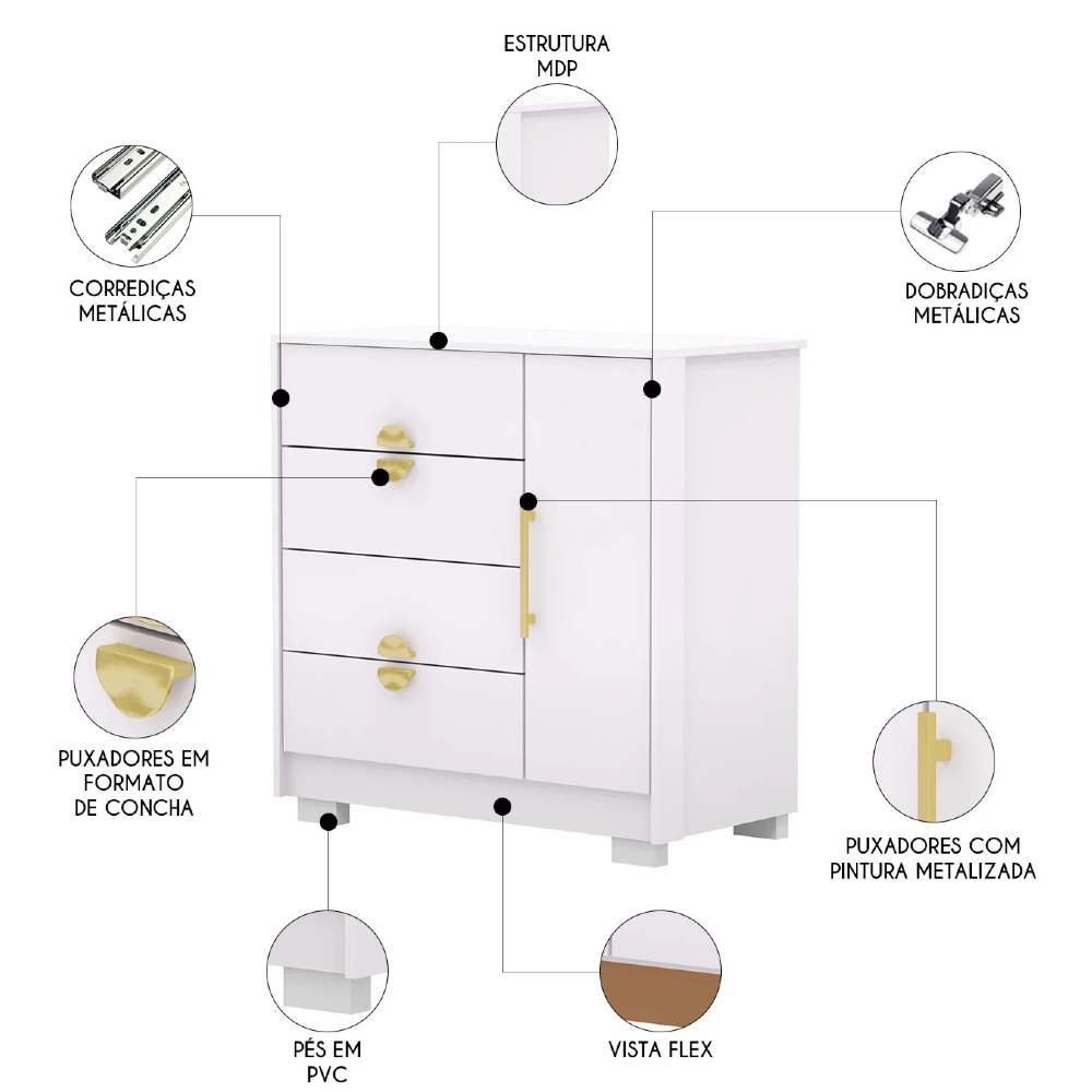 Cômoda Para Quarto 93cm Com 1 Porta Nara Flex Branco V02 - Mpozenato