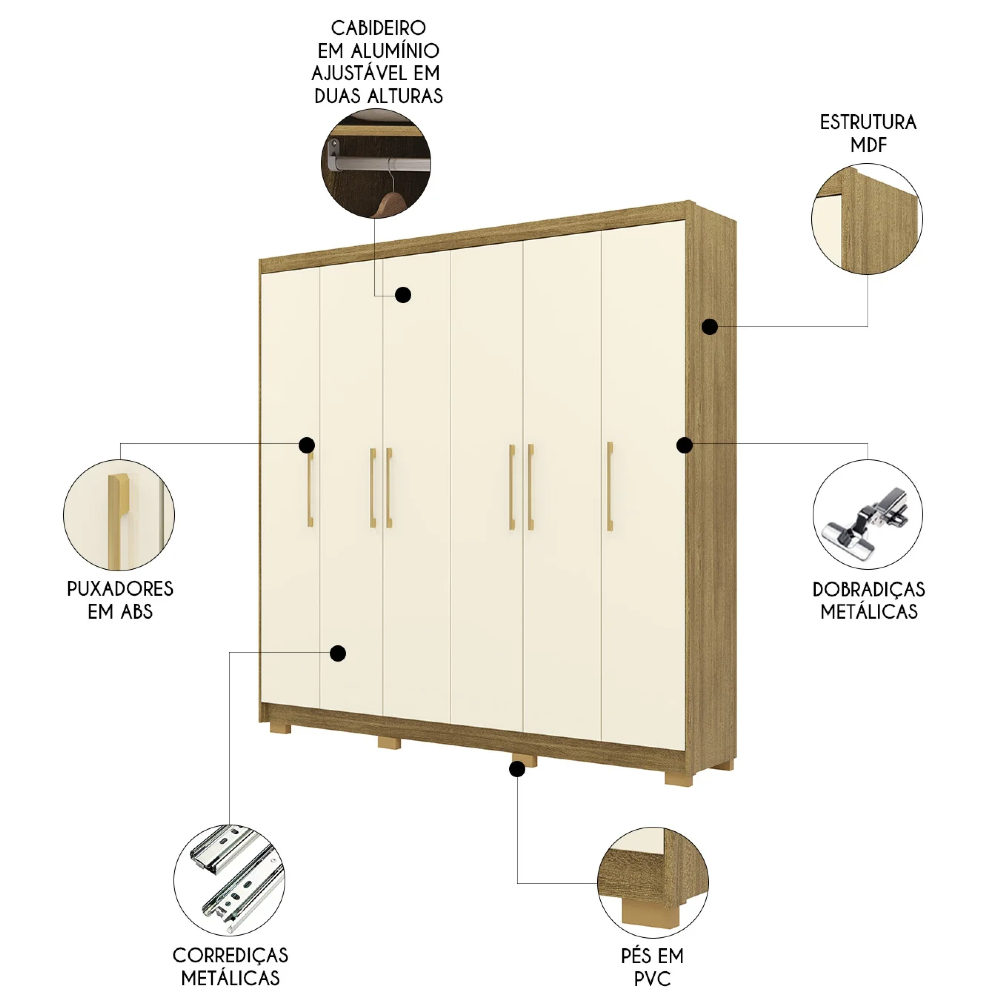 Guarda Roupa Casal 223cm 6 Portas Pako Nature/Champanhe V02 - Mpozenato