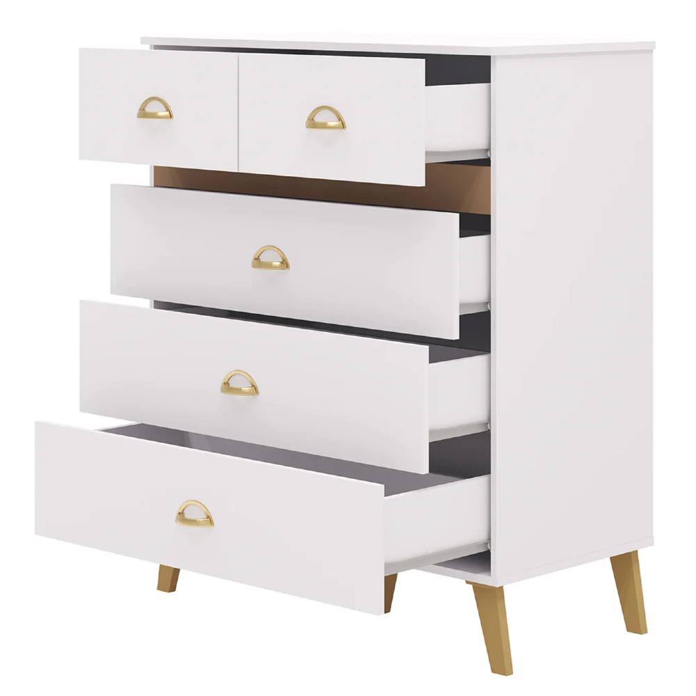 Cômoda Para Quarto 91cm 5 Gavetas Gaby Flex Branco/Camarim V02 - Mpozenato