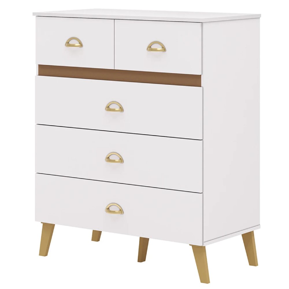 Cômoda Para Quarto 91cm 5 Gavetas Gaby Flex Branco/Camarim V02 - Mpozenato
