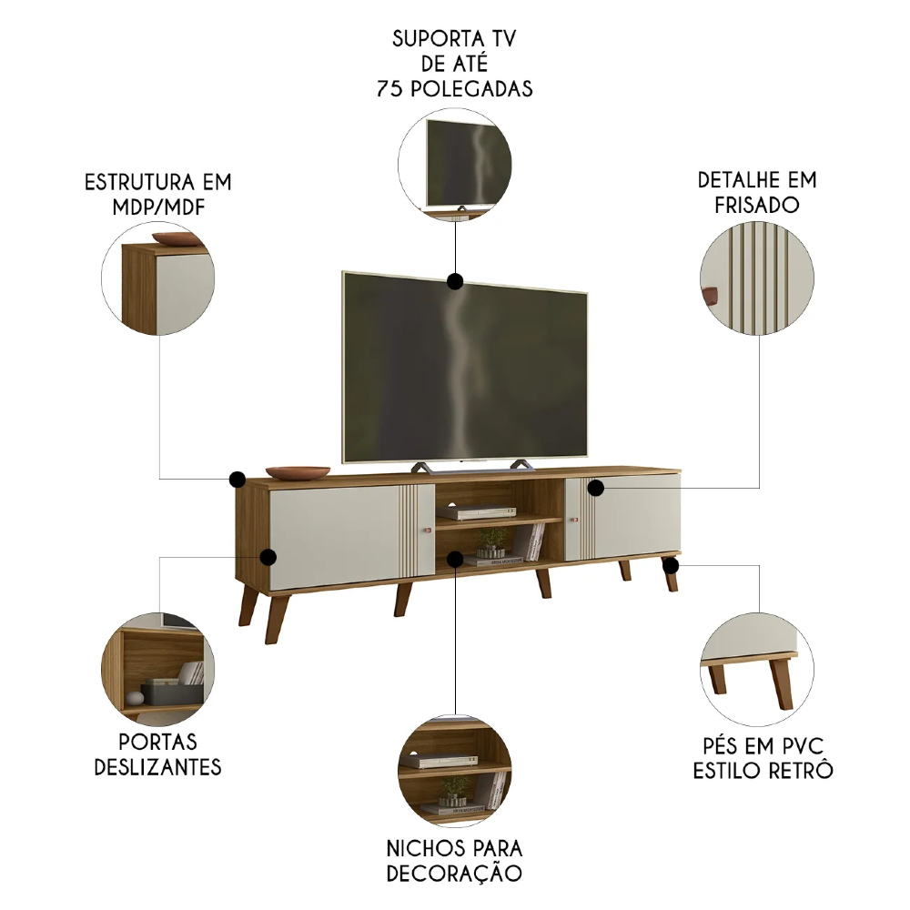 Rack Bancada Para TV 75 Pol 180cm Sia Nature/Off Z49       - Mpozenato
