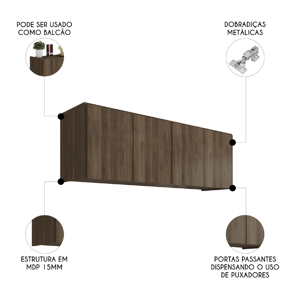 Armário de Cozinha Aéreo 118cm 4 Portas Monna Freijó Z34  - Mpozenato