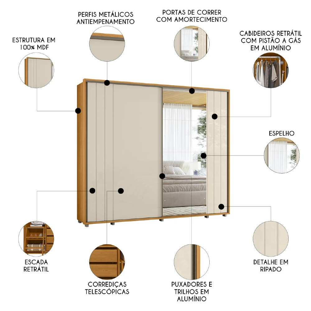 Guarda Roupa Casal 278cm 2 Portas 4 Espelhos Mya Off/Cinamomo Z10 - Mpozenato
