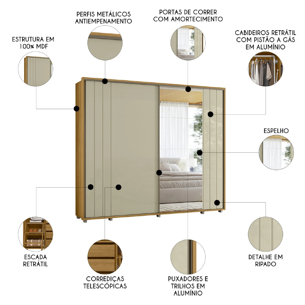 Guarda Roupa Casal 278cm 2 Portas 4 Espelhos Mya Opala/Cumaru Z10 - Mpozenato