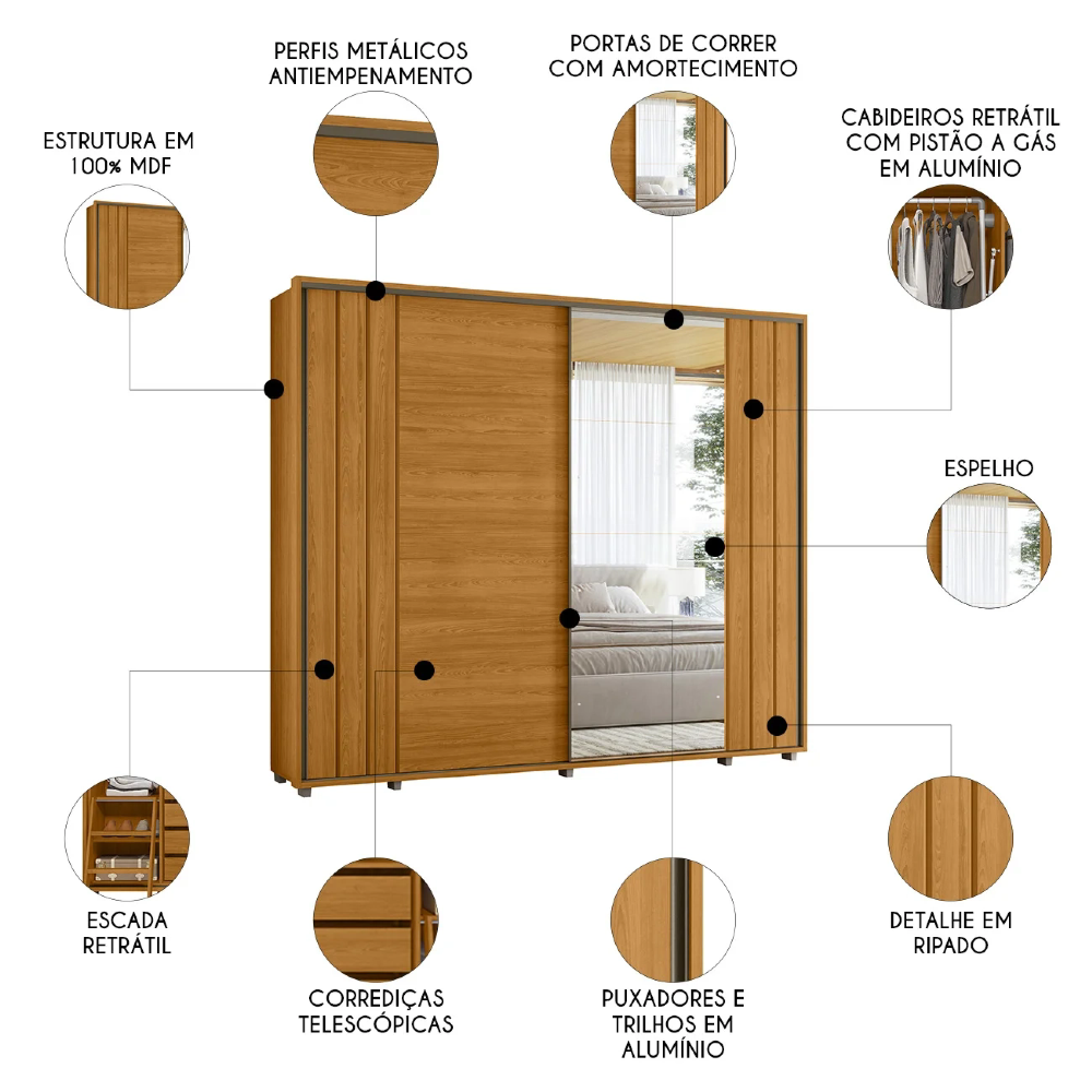 Guarda Roupa Casal 278cm 2 Portas 4 Espelhos Mya Cinamomo Z10 - Mpozenato