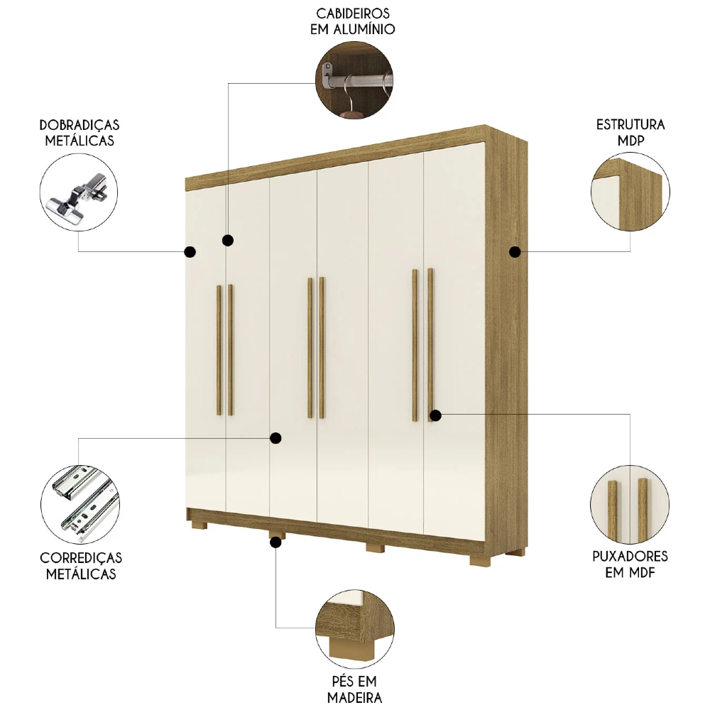 Guarda Roupa Casal 218cm 6 Portas Bolty Nature/Champanhe V02 - Mpozenato