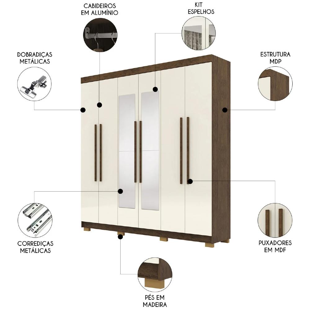 Guarda Roupa Casal 218cm Com Espelho Bolty Imbuia/Champanhe V02 - Mpozenato