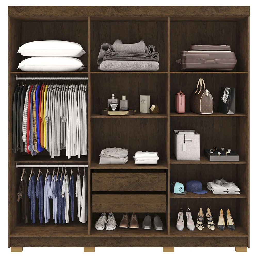 Guarda Roupa Casal 218cm Com Espelho Bolty Imbuia/Champanhe V02 - Mpozenato