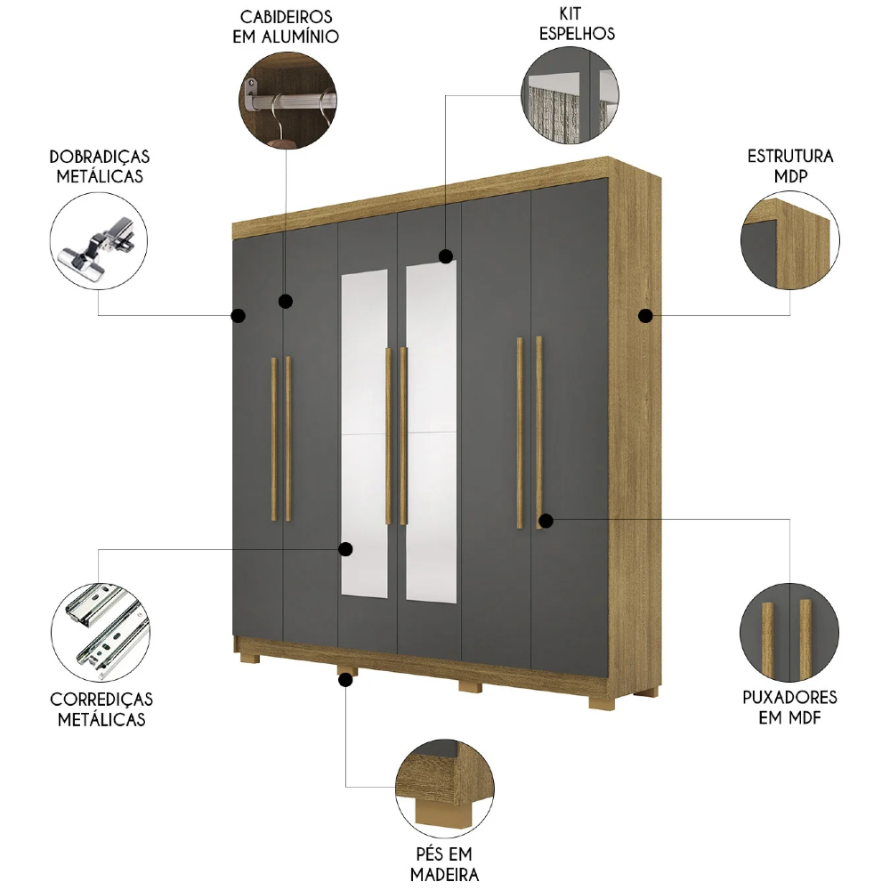 Guarda Roupa Casal 218cm Com Espelho Bolty Nature/Alasca V02 - Mpozenato