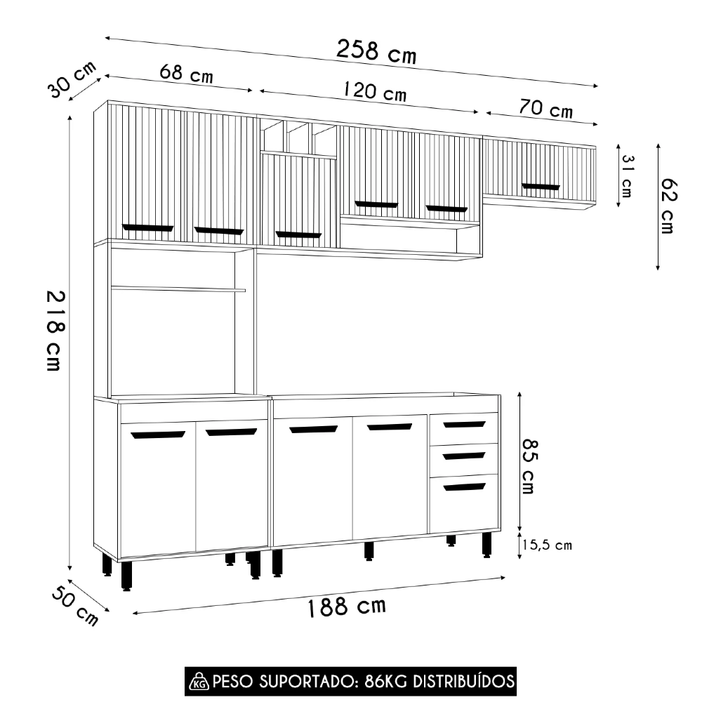 Cozinha Compacta Pia 120cm Emily Freijó/Ripado/Off Acetinado Z44 - Mpozenato