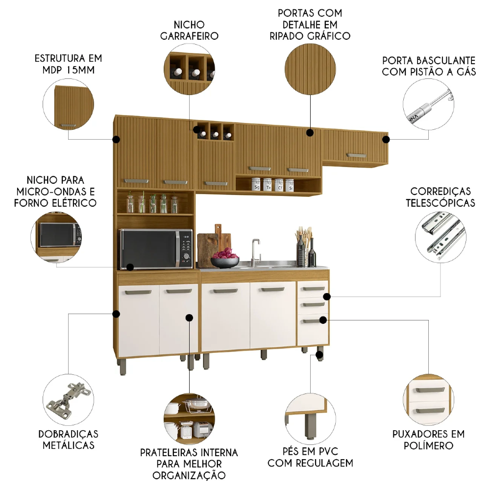 Cozinha Compacta Pia 120cm Emily Freijó/Ripado/Off Acetinado Z44 - Mpozenato