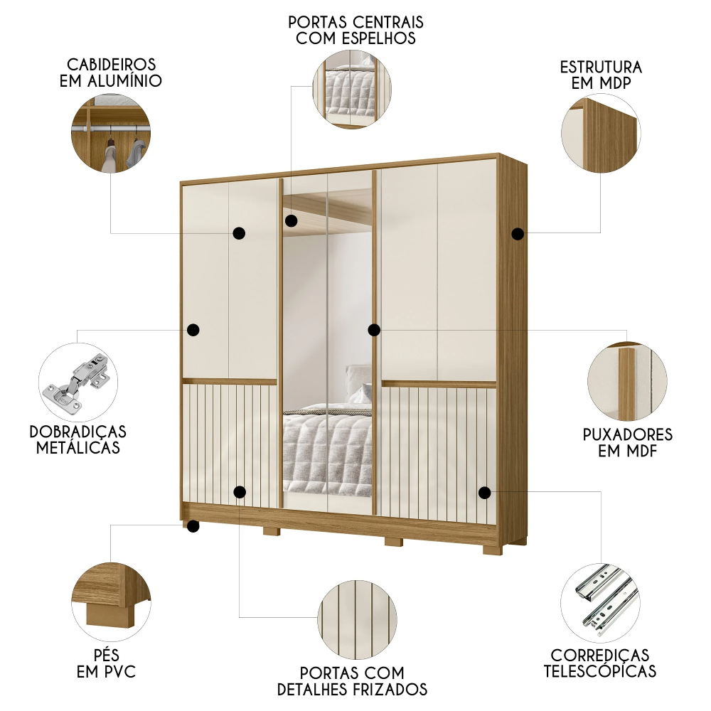 Guarda Roupa Casal 216cm Com Espelho Freeze Freijó/Off Z17   - Mpozenato