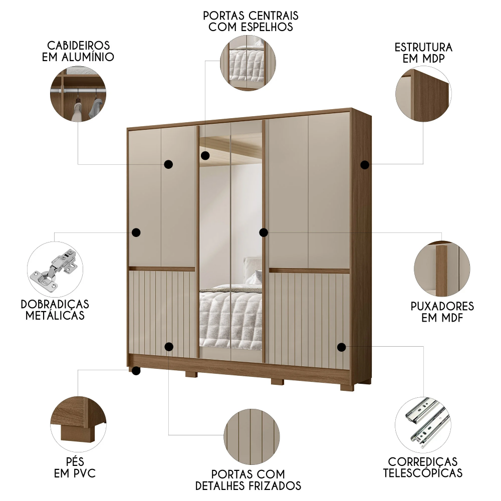 Guarda Roupa Casal 216cm Com Espelho Freeze Carvalho/Fendi Z17 - Mpozenato