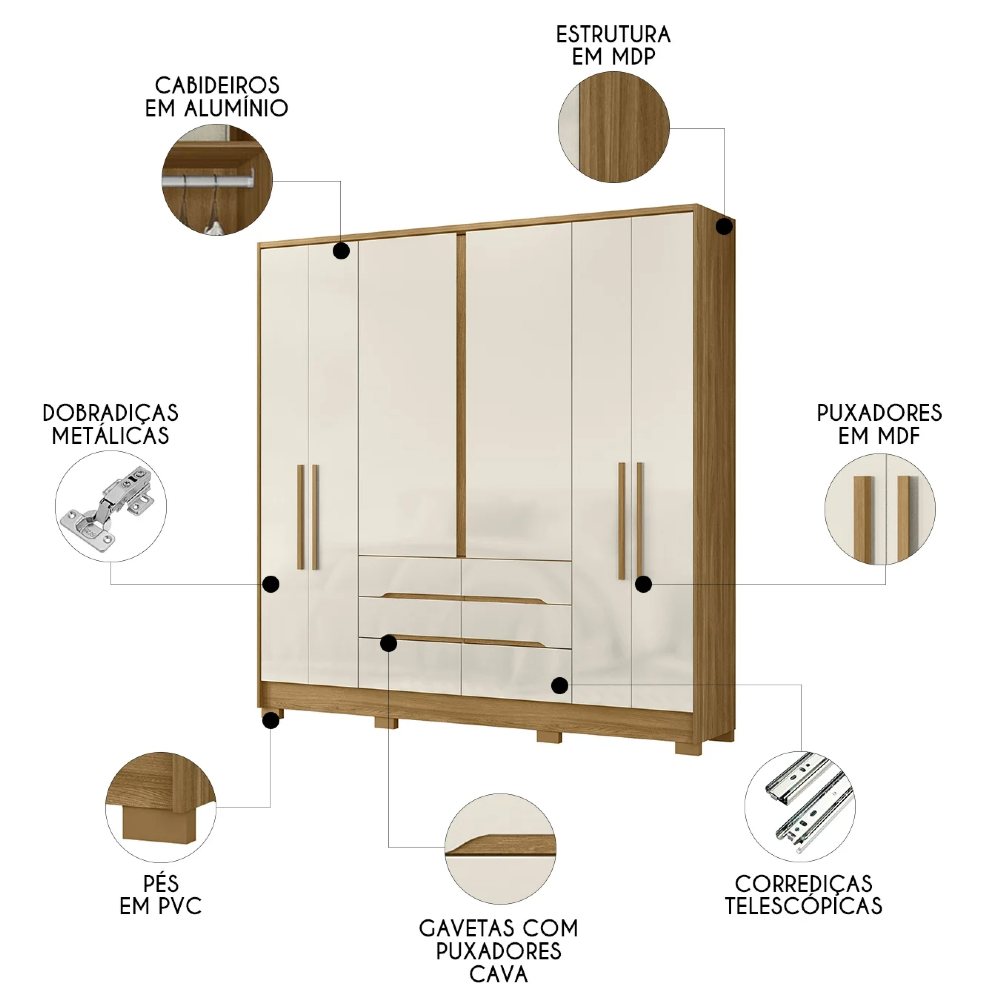 Guarda Roupa Casal 216cm 6 Portas Alabama Freijó/Off Z17     - Mpozenato