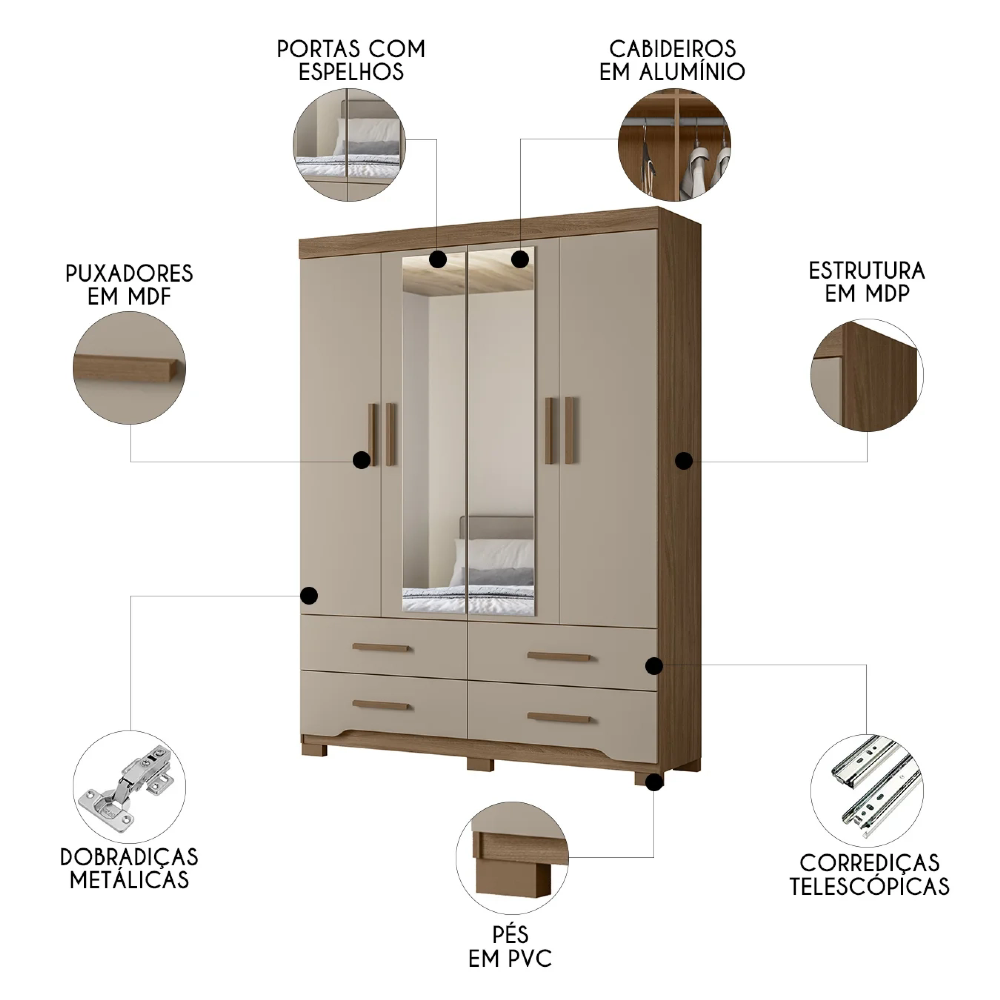 Guarda Roupa Casal 160cm Com Espelho Cancum Carvalho/Fendi Z17 - Mpozenato