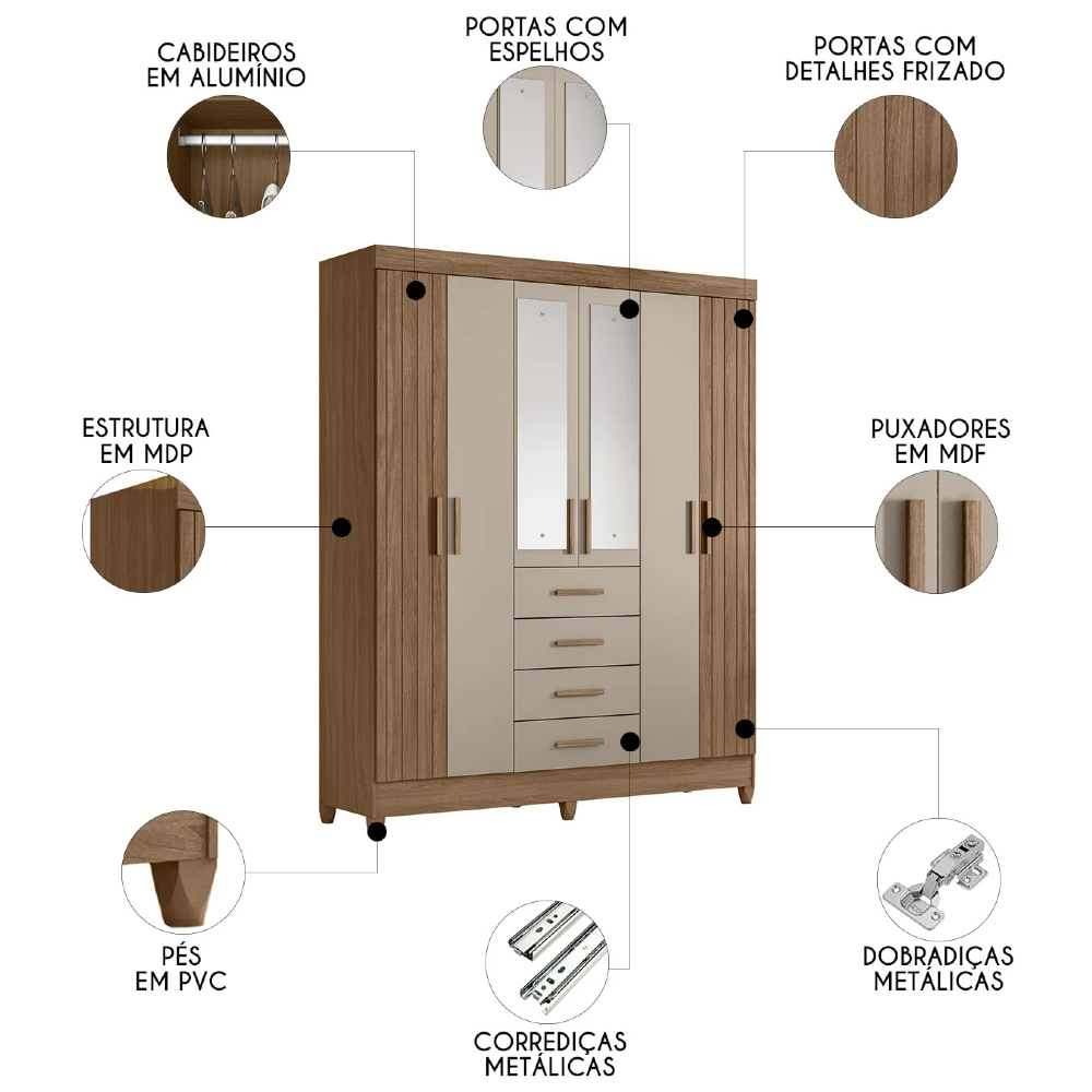 Guarda Roupa Casal 165cm Com Espelho Khani Carvalho/Fendi Z17 - Mpozenato