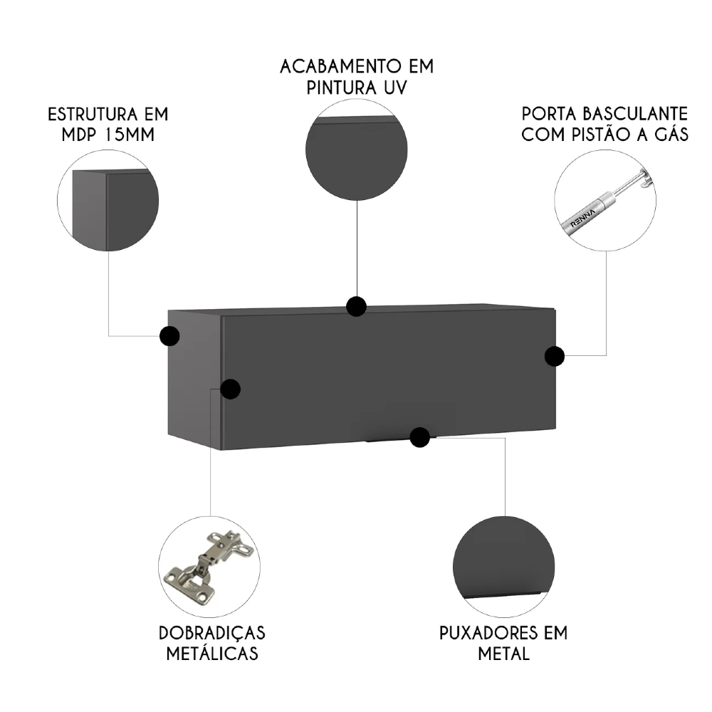 Armário de Cozinha Aéreo 80cm Grace Grafite Z44             - Mpozenato