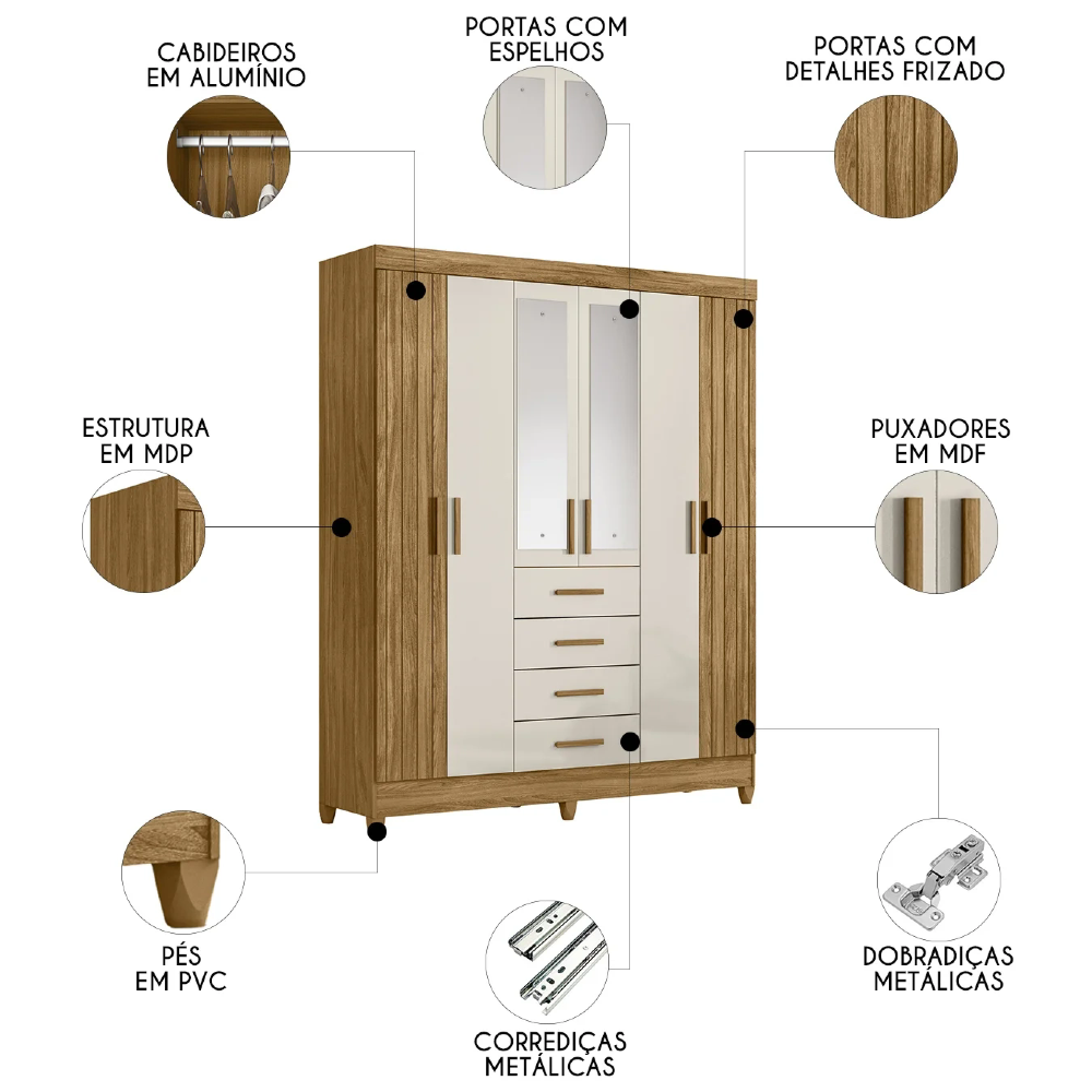 Guarda Roupa Casal 165cm Com Espelho Khani Freijó/Off Z17    - Mpozenato