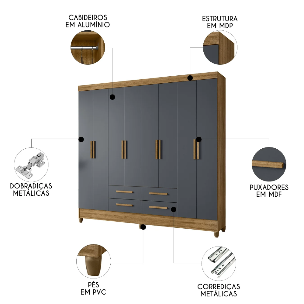 Guarda Roupa Casal 204cm 8 Portas Vitta Freijó/Cinza Z17     - Mpozenato
