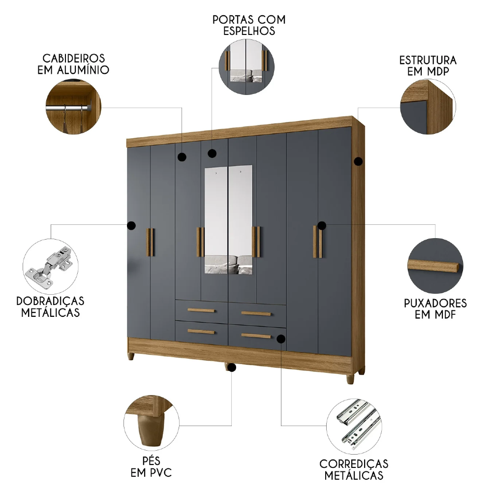 Guarda Roupa Casal 204cm Com Espelho Vitta Freijó/Cinza Z17  - Mpozenato