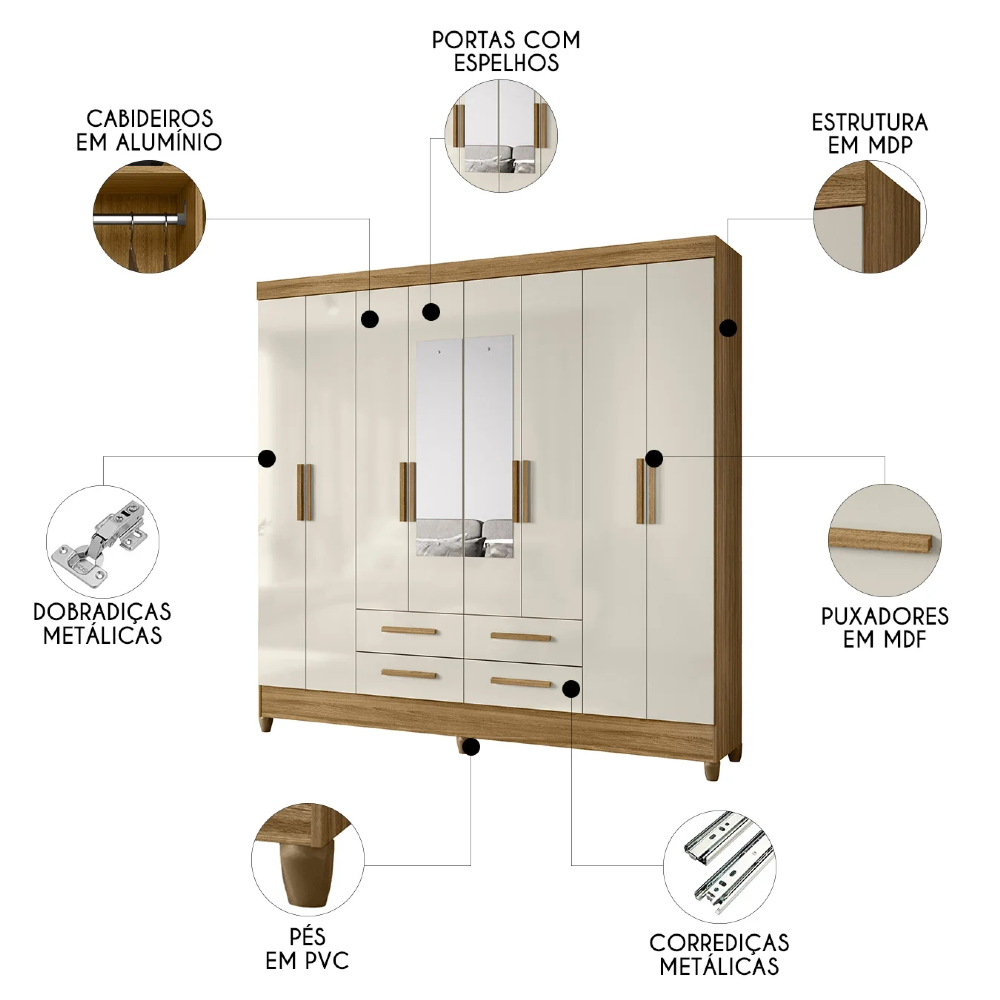 Guarda Roupa Casal 204cm Com Espelho Vitta Freijó/Off Z17    - Mpozenato