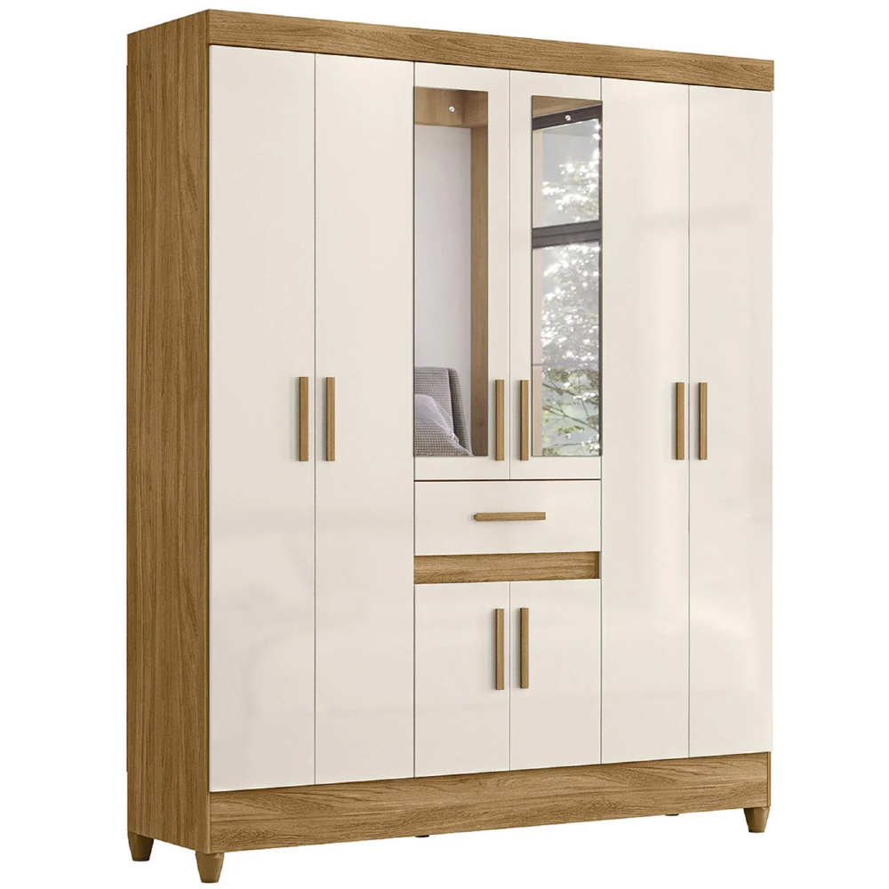 Guarda Roupa Casal 165cm Com Espelho Parla Freijó/Off Z17    - Mpozenato