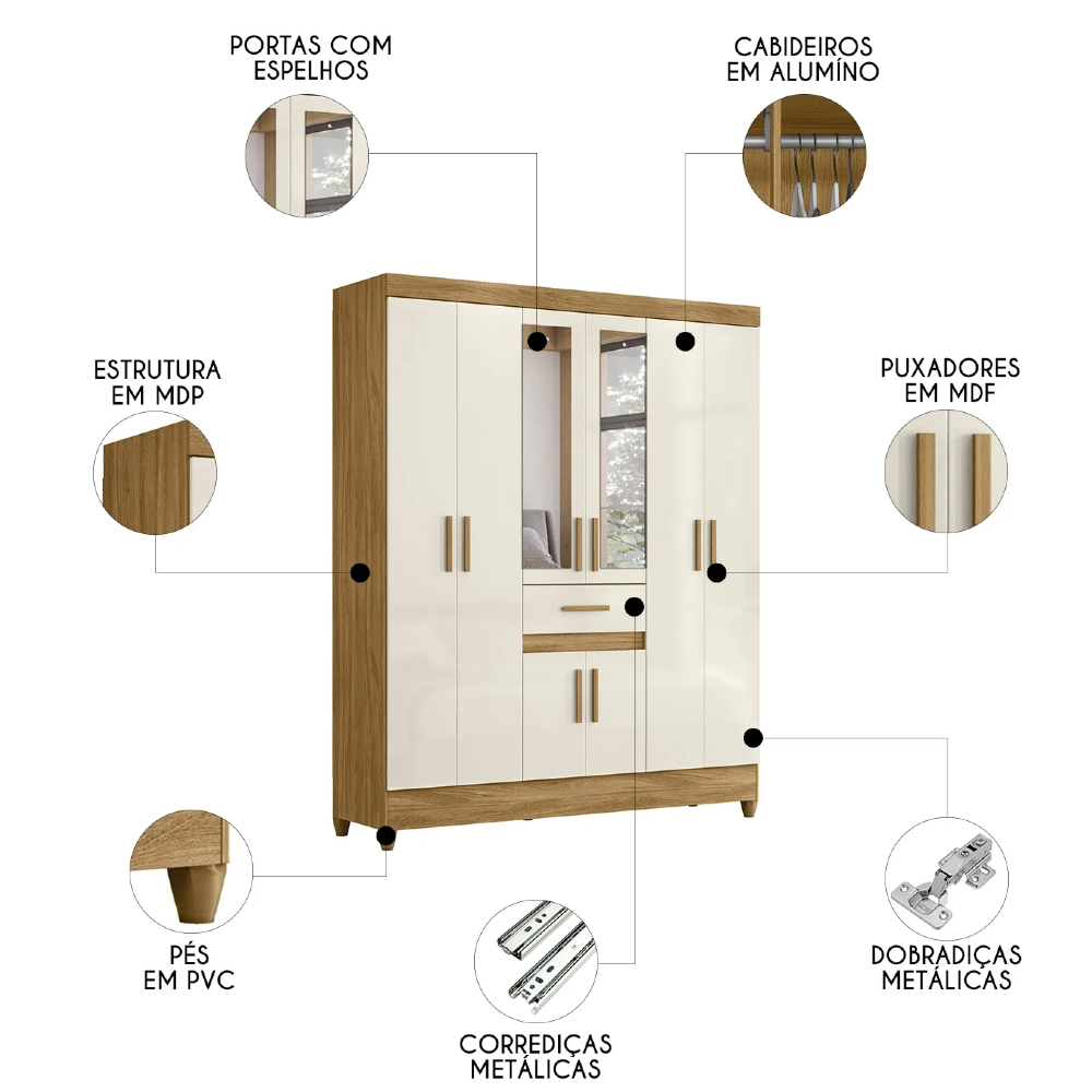 Guarda Roupa Casal 165cm Com Espelho Parla Freijó/Off Z17    - Mpozenato