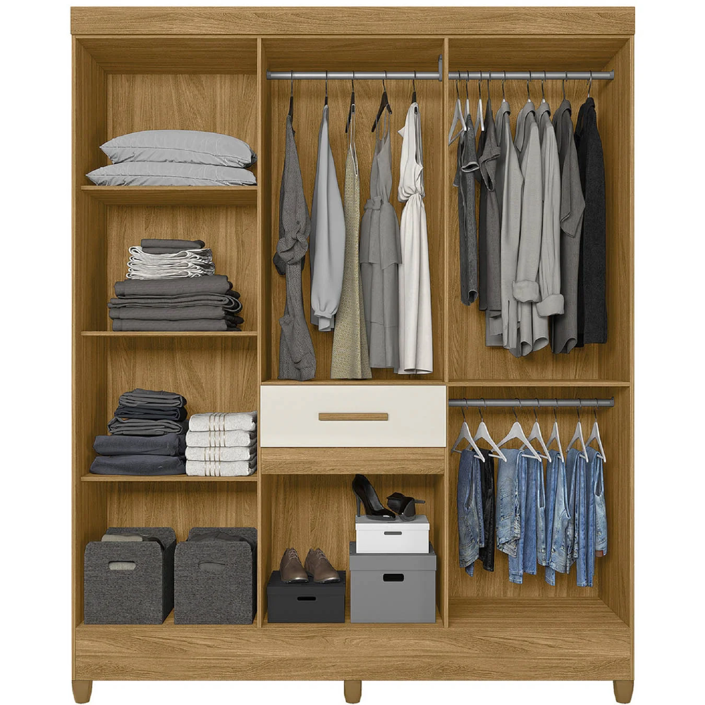Guarda Roupa Casal 165cm Com Espelho Parla Freijó/Off Z17    - Mpozenato