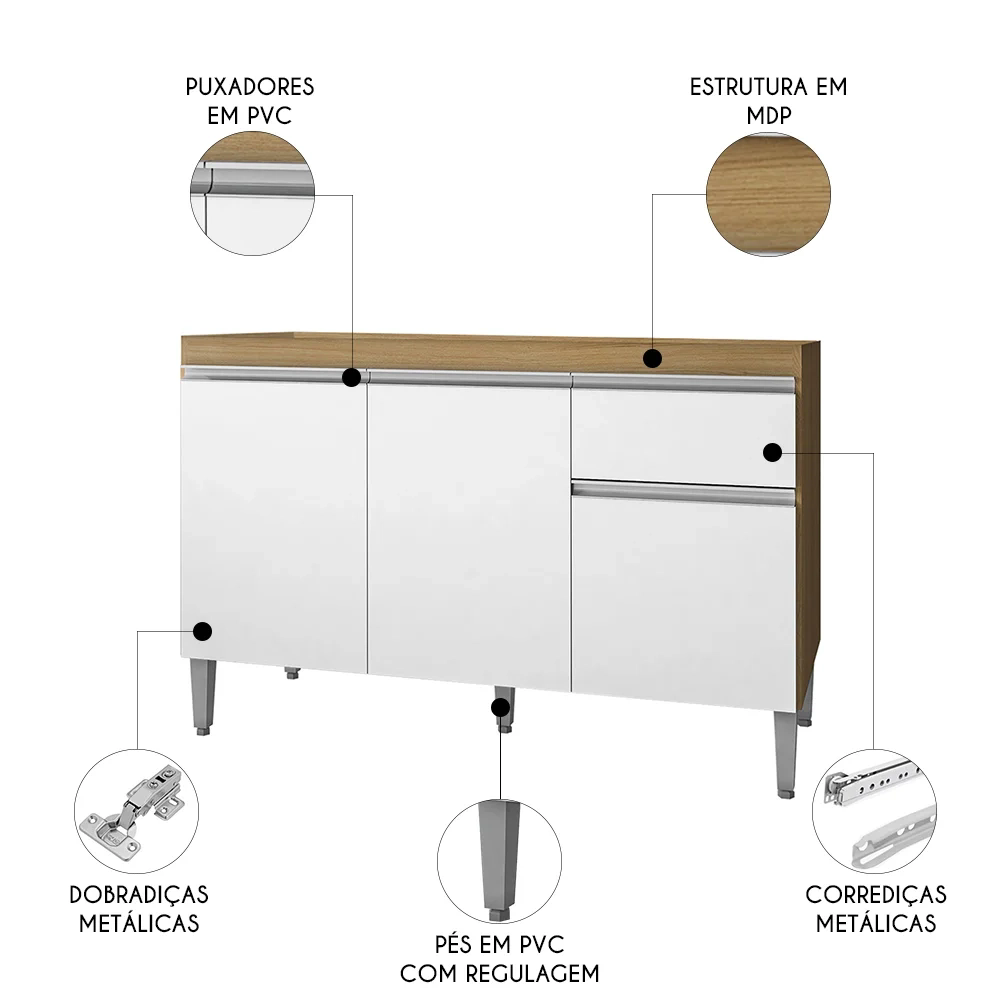 Balcão de Cozinha Para Pia 120cm Tatiane Amêndoa/Branco     - AJL Móveis