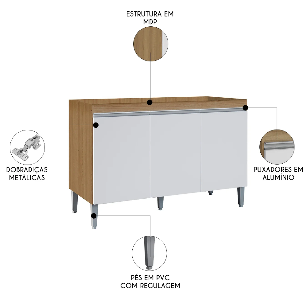Balcão de Cozinha Para Pia 120cm 3 Portas Manu Amêndoa/Branco - AJL Móveis
