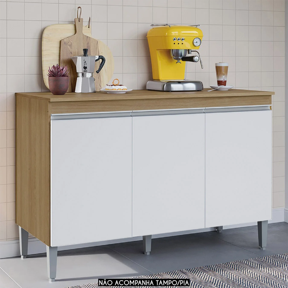 Balcão de Cozinha Para Pia 120cm 3 Portas Manu Amêndoa/Branco - AJL Móveis
