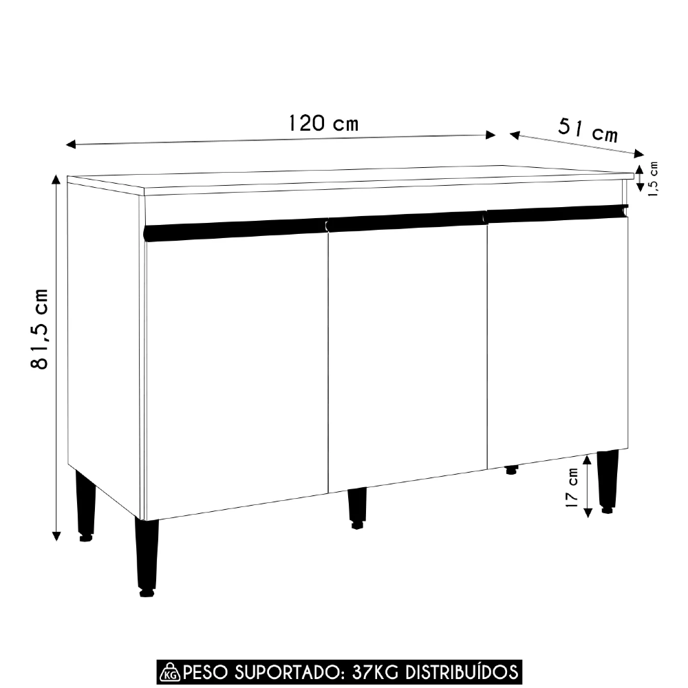 Balcão de Cozinha com Tampo 120cm 3 Portas Manu Amêndoa/Branco - AJL Móveis