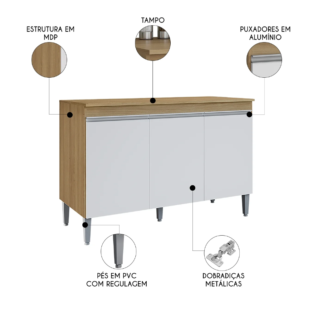 Balcão de Cozinha com Tampo 120cm 3 Portas Manu Amêndoa/Branco - AJL Móveis