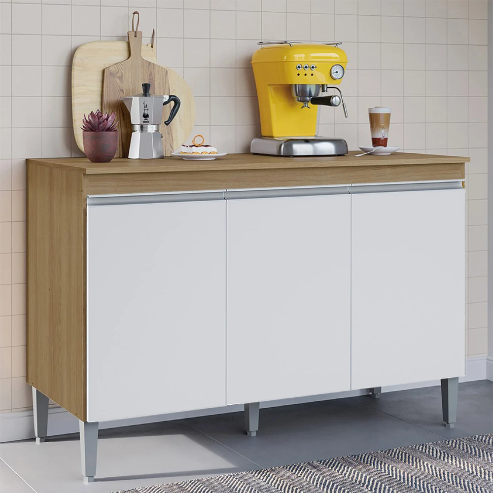 Balcão de Cozinha com Tampo 120cm 3 Portas Manu Amêndoa/Branco - AJL Móveis