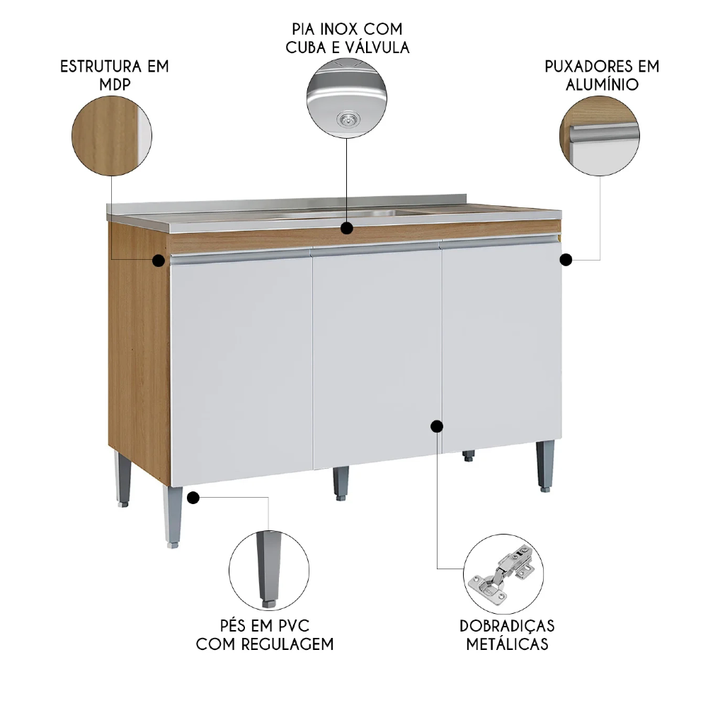 Balcão de Cozinha com Pia Inox 120cm Manu Amêndoa/Branco    - AJL Móveis